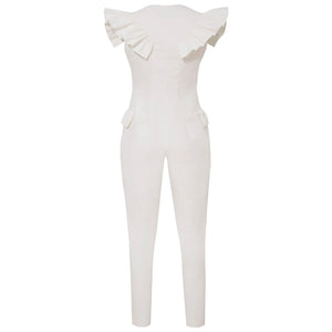 White Ruffled Sleeve Tuxedo Jumpsuit | Femponiq